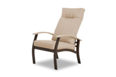 A modern beige cushioned recliner with dark wooden armrests and frame, featuring a fire pit insert, isolated on a white background.