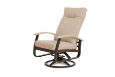 A beige reclining glider rocking chair with padded cushions and wooden armrests, isolated on a white background, perfect beside a fireplace.