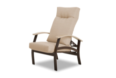 A beige upholstered reclining chair with wooden armrests and a matching head cushion, insert on a white background.