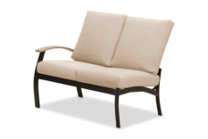 A modern two-seater garden bench with a black metal frame and beige cushions, featuring a fireplace insert, isolated on a white background.