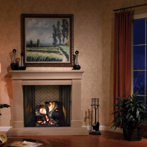 Birmingham wood fireplace by Heat & Glo in Black with Bi-Fold Glass doors tan surround in a modern living room