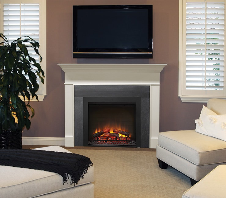 Built-In electric fireplace by SimpliFire with black front and white westcott mantel in a modern living space