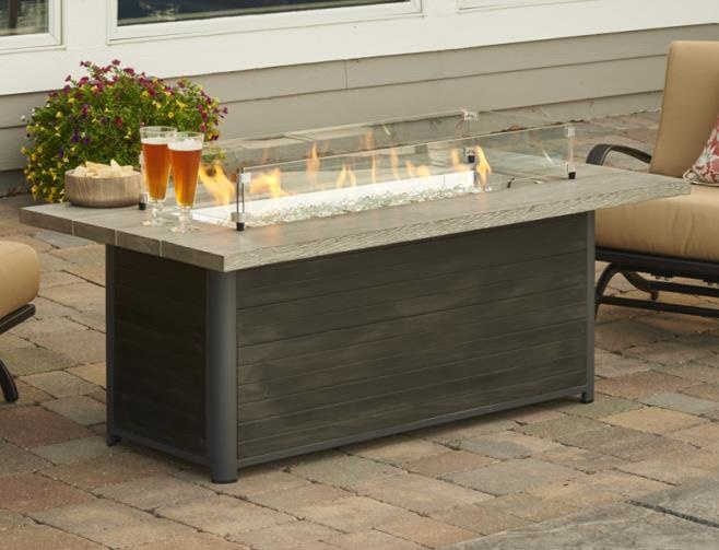 Cedar Ridge gas fire pit with Grey Wash Cedar Supercast concrete top and taupe-colored decking base