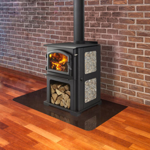 Discovery I wood stove by Quadra-Fire with custom personalized stone side panel against a red brick masonry