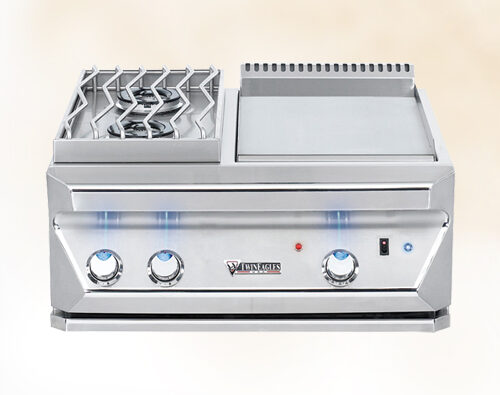 A commercial stainless steel gas stove with four burners, featuring blue control knobs and a flat griddle section to the right, set against a light gray background.