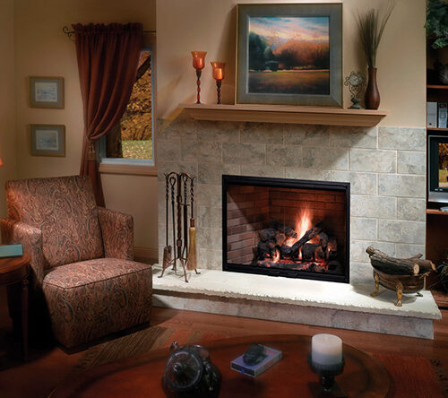 Icon Series i60 wood fireplace by Heatilator with DM glass doors with gray stone and tile hearth in traditional living space
