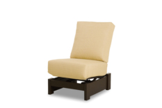 A beige recliner chair with a cushioned seat and backrest beside a fireplace, on a dark brown wooden frame, isolated on a white background.