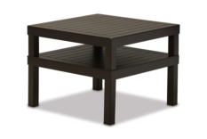 A small, dark brown, square wooden table with a slatted top and simple, sturdy legs, displayed near an elegant fireplace on a plain white background.