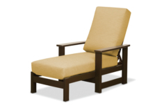 A beige outdoor lounge chair with a cushioned seat and backrest, featuring a dark brown wooden frame and an insert fire pit, isolated on a white background.