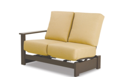 A modern two-seater sofa with light yellow upholstery and a dark brown wooden frame, isolated on a white background with a stove insert.