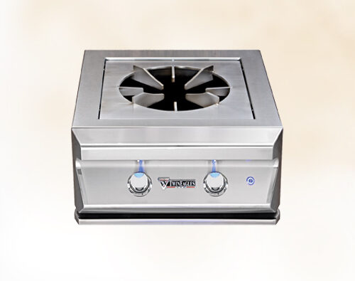 Stainless steel countertop stove with two control knobs and a sleek modern design, isolated on a light beige background.