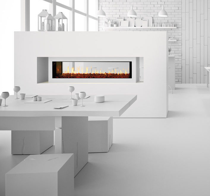 Primo see-through gas fireplace by Heat & Glo in white against a modern white stand-alone hearth