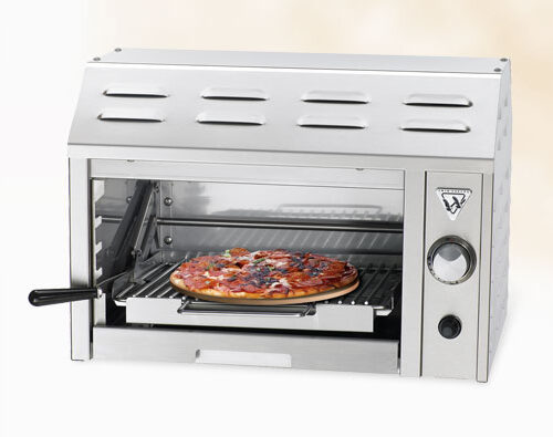 A modern stainless steel countertop pizza oven with a glass insert, showing a pizza cooking inside on a pizza stone, next to a temperature control knob and branding logo.