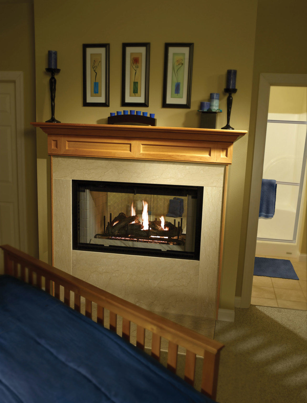 See-Through gas fireplace by Heatilator with wood-burning fireside gas logs in a traditional bedroom and bathroom