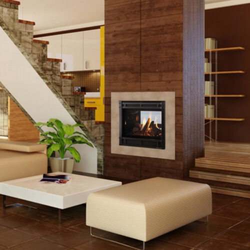 ST-36 gas fireplace by Heat & Glo in black with Halston front against a brown wood panel style hearth