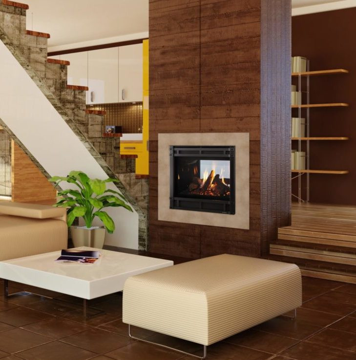 ST-36 gas fireplace by Heat & Glo in black with Halston front against a brown wood panel style hearth
