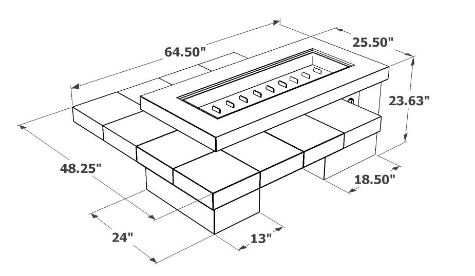 Technical line drawing of a fire pit insert, rectangular in shape with dimensions labeled, showing length, width, and height measurements in inches. The object features a recessed section with multiple small rectangular shapes.