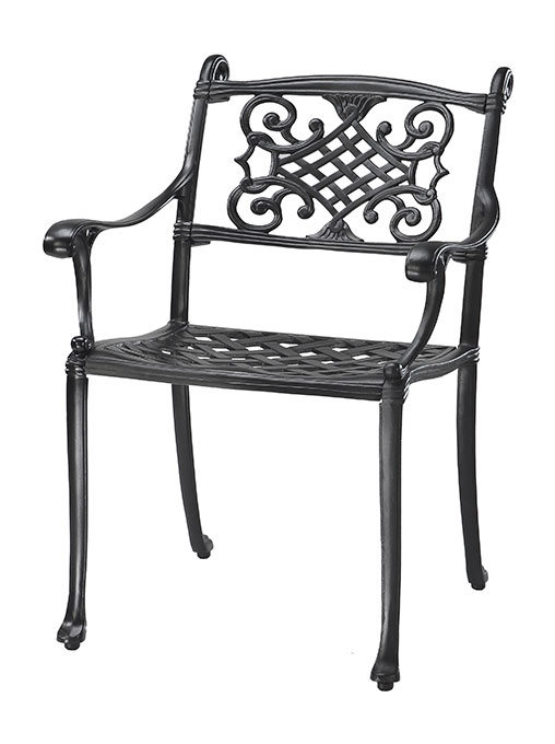 An elegant black Gensun wrought iron chair featuring ornate scrollwork on the backrest and a lattice pattern on the seat.