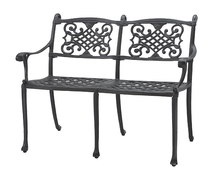 A Gensun Michigan black metal garden bench with ornate backrest designs and a woven-pattern seat, isolated on a white background.