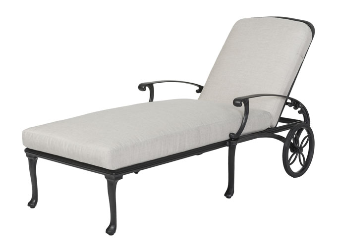 An elegant Gensun Michigan outdoor chaise lounge with a black metal frame and light gray cushion, featuring curved armrests and large rear wheels for mobility.