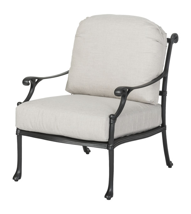 An elegant Gensun Michigan outdoor chair with a black metal frame and light beige cushions on the seat and backrest. The armrests feature smooth, curved lines.