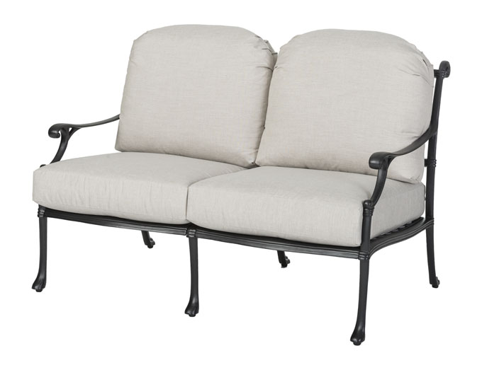 A two-seater Gensun Michigan outdoor sofa with a black metal frame and beige cushions on a white background.