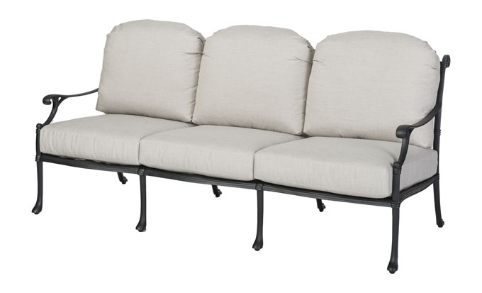 A three-seater Gensun Michigan outdoor sofa with a black metal frame and light beige cushions, featuring elegant armrests and a simple, classic design.