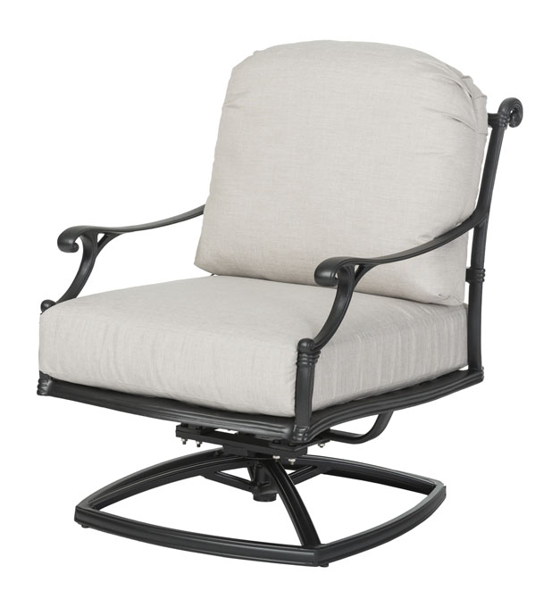 An elegant Gensun Michigan swivel rocking chair with a black metal frame and thick, plush cushions in a light grey fabric, isolated on a white background.