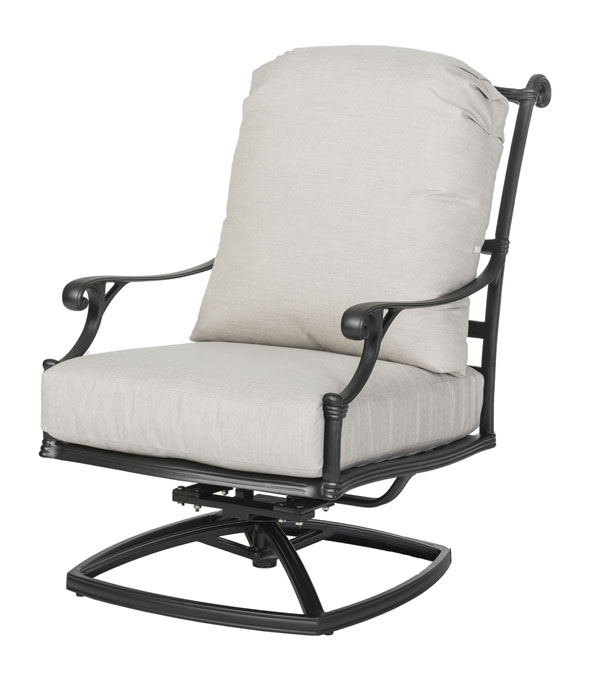 A modern Gensun Michigan swivel rocking chair with a black metal frame and thick, beige cushions on the seat and backrest, isolated on a white background.