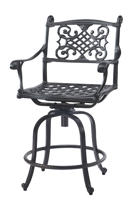 Black Gensun Michigan wrought iron swivel chair with ornate backrest and armrests, featuring a circular base and adjustable height.