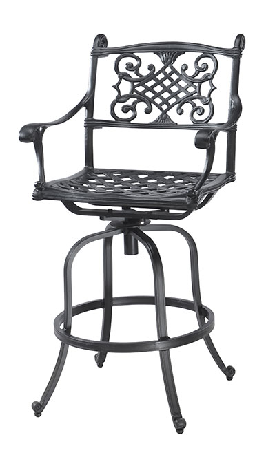 A black wrought iron Gensun Michigan swivel bar stool with intricate backrest designs, armrests, and a round base with four legs.