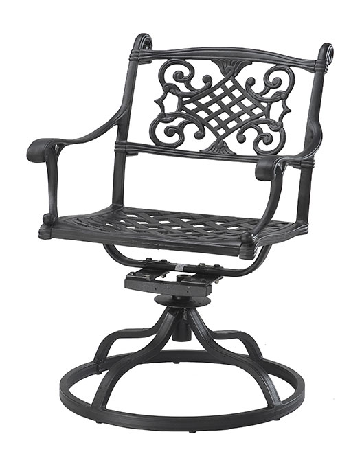 A black metal Gensun Michigan swivel chair with ornate backrest designs and a circular base, isolated on a white background.