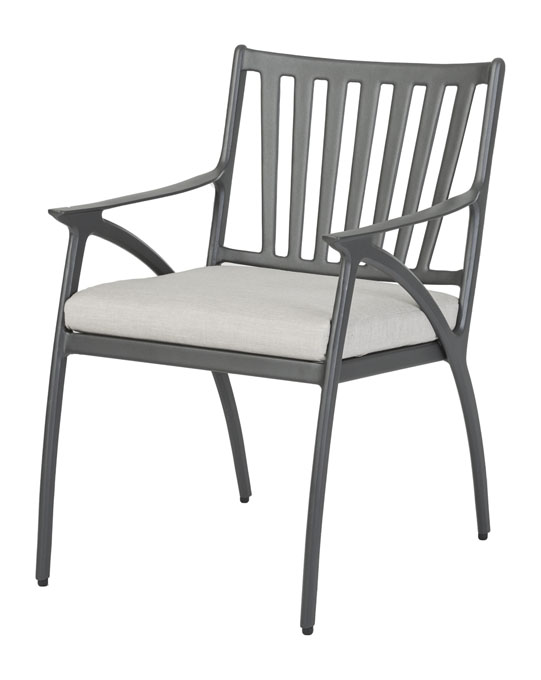 A modern Gensun Amari gray chair with a metal frame and vertical slats on the back, featuring a light gray cushioned seat, isolated on a white background.