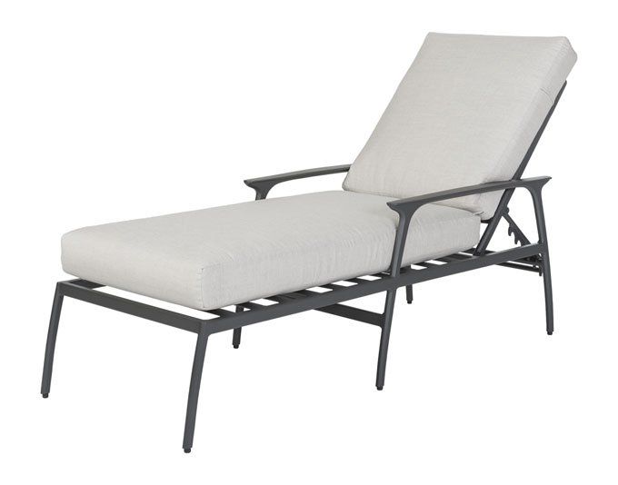 A modern Gensun Amari outdoor chaise lounge with a light gray cushion and a sleek black metal frame, set against a white background.