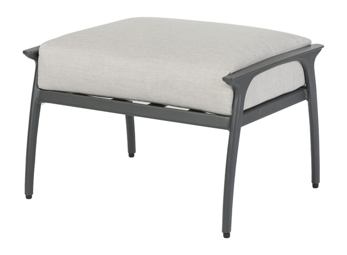 A modern Gensun Amari ottoman with a gray cushion and a sleek, dark metal frame on a white background.