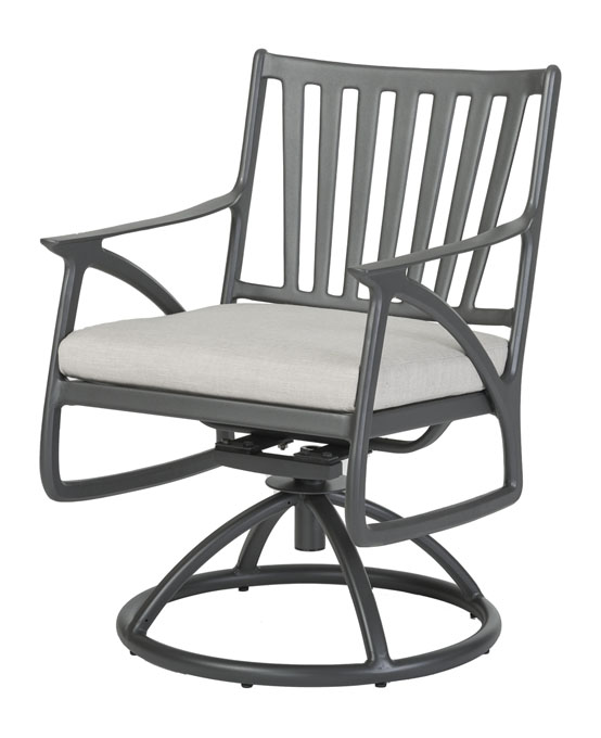 A modern gray Gensun Amari swivel chair with vertical slats on the backrest, armrests, and a cushioned seat. The chair features a circular base.