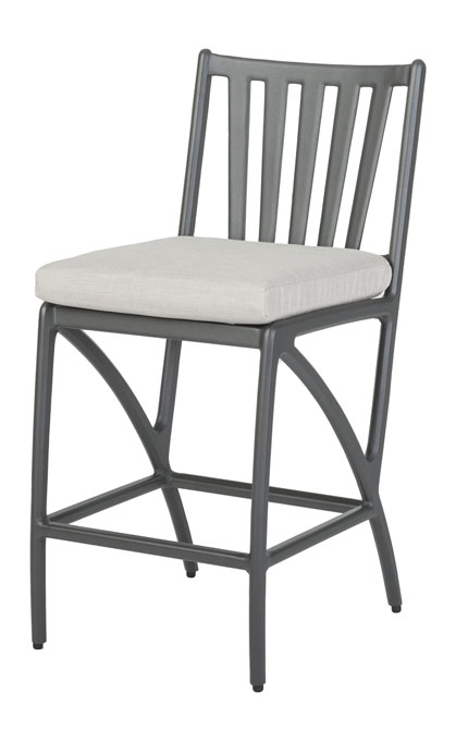 A Gensun Amari modern gray metal chair with a vertical slat back design and a cushioned seat covered with light gray upholstery, set against a white background.