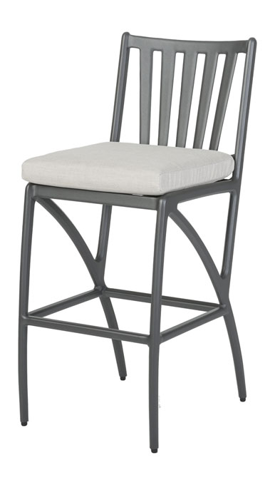 A modern Gensun Amari metal bar stool with a high back and vertical slats, featuring a cushioned seat upholstered in light gray fabric.