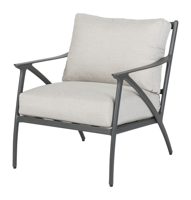 Modern Gensun Amari outdoor chair with a gray metal frame and light gray cushions.