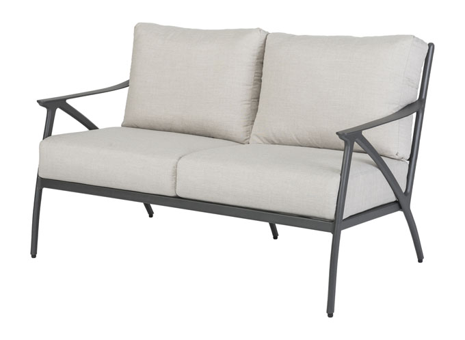 A modern two-seater Gensun Amari sofa with a sleek gray metal frame and light beige cushions, isolated on a white background.