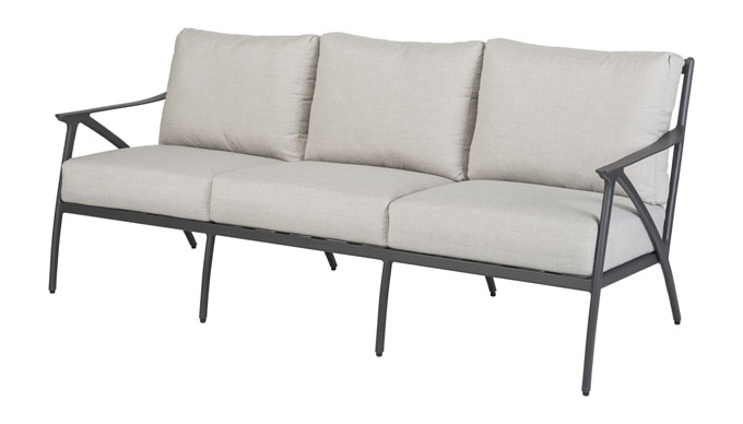 A modern Gensun Amari outdoor three-seater sofa with a sleek gray metal frame and light gray cushions, positioned against a white background.