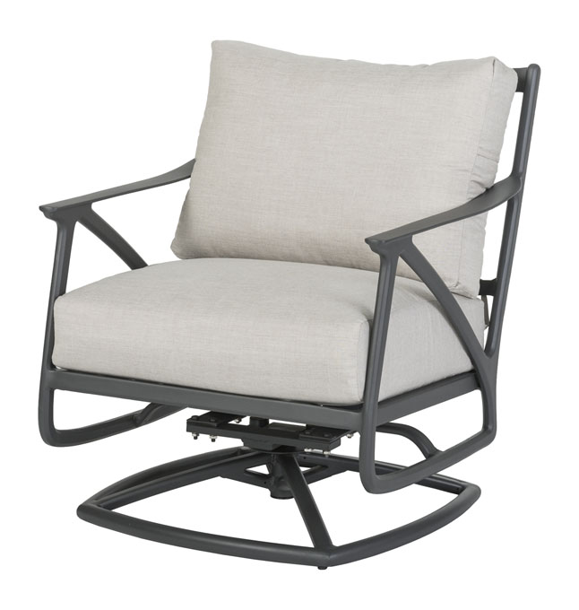 A modern Gensun Amari gray swivel rocking chair with a sturdy metal frame and plush, light gray cushions.