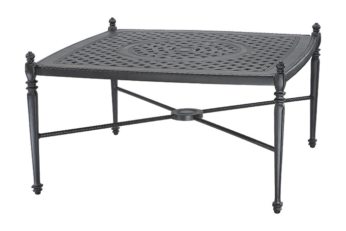 A square, metal Gensun Grand Terrace outdoor table with intricate latticework design on the tabletop and ornate details on each leg, in a dark finish, isolated on a white background.