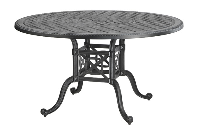 A round, metal Gensun Grand Terrace outdoor table with an intricate lattice design on the top and elegantly curved legs. The table is colored in a uniform dark hue.