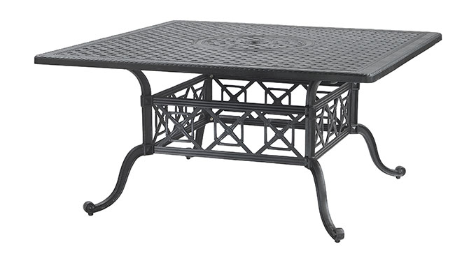 A square, black metal Gensun Grand Terrace outdoor table with intricate lattice and scrollwork designs on both the top surface and the frame, supported by four curved legs.