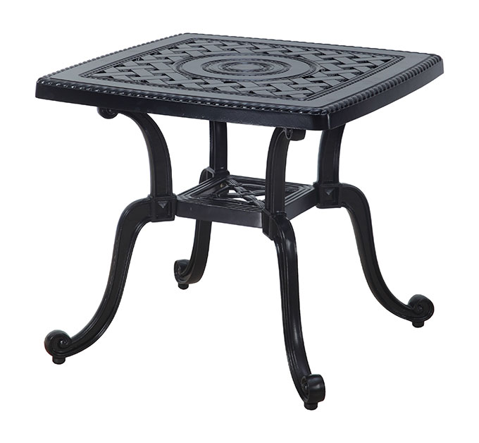 A square metal Gensun Grand Terrace patio table with intricate lattice and scroll designs on the top and elegant curved legs, all painted in black.