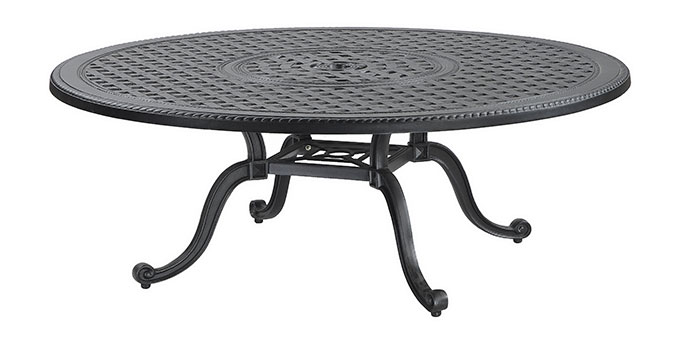 Round Gensun Grand Terrace outdoor table with a detailed metal lattice design and curved legs, isolated on a white background.