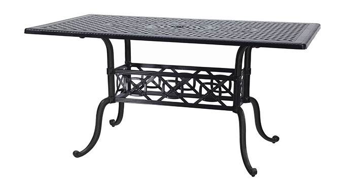 Gensun Grand Terrace black wrought iron outdoor table with intricate lattice and scroll designs, and a floral motif in the center, isolated on a white background.
