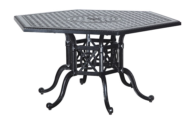 A rectangular black Gensun Grand Terrace wrought iron table with intricate lattice and scroll designs, featuring a central decorative emblem, set against a plain white background.