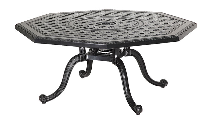 A black wrought iron Gensun Grand Terrace outdoor table with an intricate lattice design and curved legs on a white background.